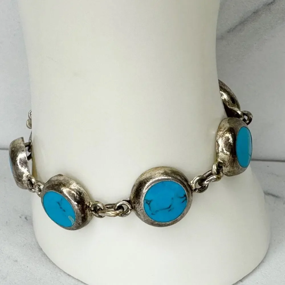 Vintage Mexico Blue Faux Turquoise Round Cabochon Link Toggle Chain Bracelet ✨